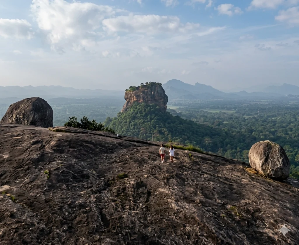 Two people walking on pidurangala rocky landscape