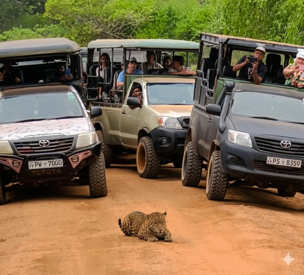 A leopard resting on a red dirt road while surrounded by several safari jeeps filled with tourists taking photos.