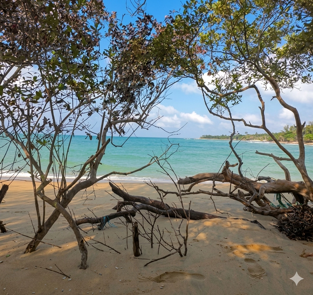 A serene tropical beach viewed through a natural frame of gnarled tree branches and driftwood, featuring golden sand and turquoise water under a bright blue sky.