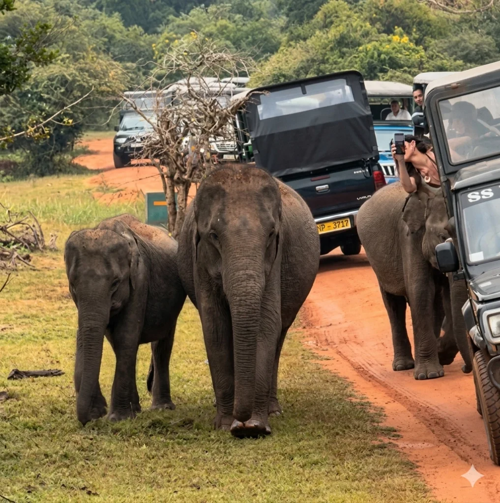 Wild elephants walking alongside safari jeeps on a red dirt road, with a traveler taking a photo from a vehicle.