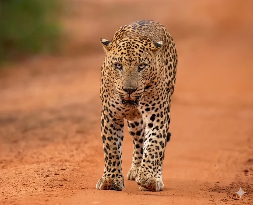 A majestic leopard walking directly toward the camera on a dusty red dirt path in the savanna.