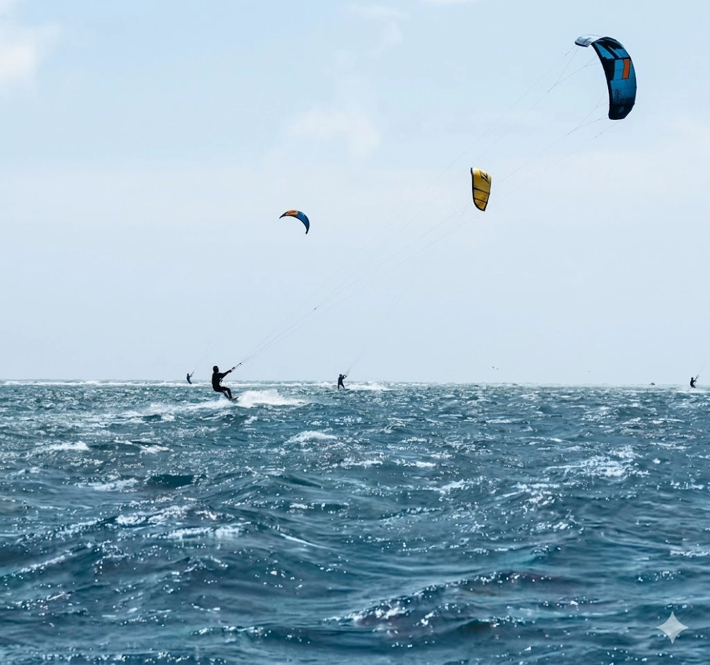Kitesurfers riding choppy ocean waves under a partly cloudy sky with colorful kites in the distance kalpitiya