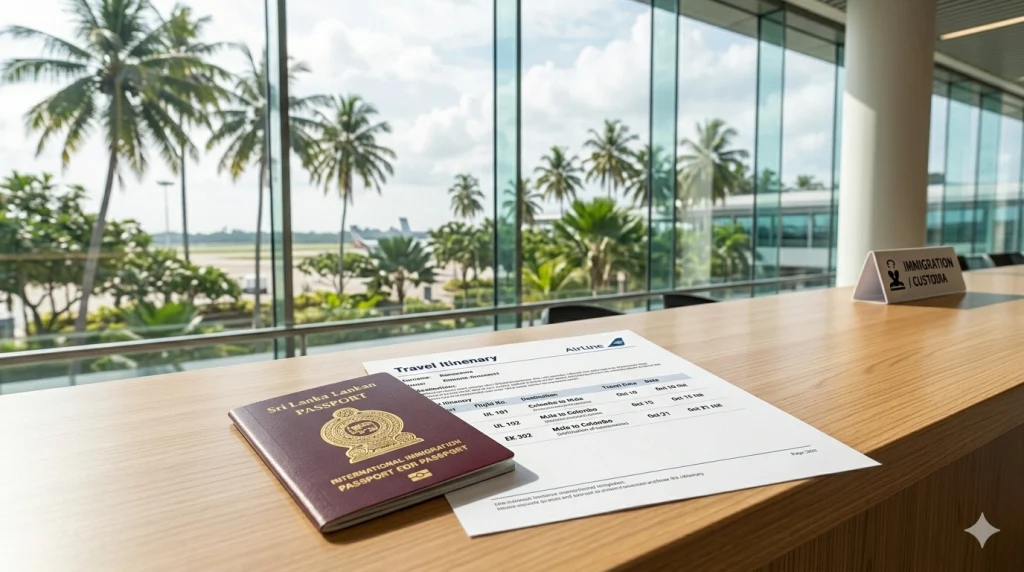 A high-definition, professional photograph of a traveler's passport and a printed boarding pass resting on a polished immigration desk at Bandaranaike International Airport, with a view of palm trees outside a large window in the background.