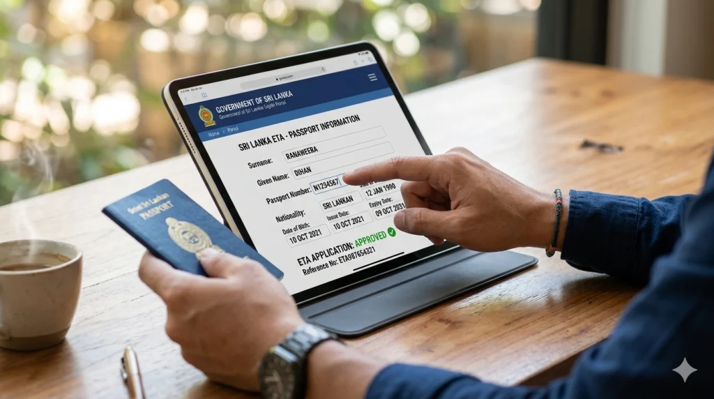 A close-up photograph of a traveler's hands filling out an online form on a modern tablet with "Sri Lanka ETA Online Application" visible on the screen, next to an open Sri Lankan passport and a boarding pass on a wooden desk.
