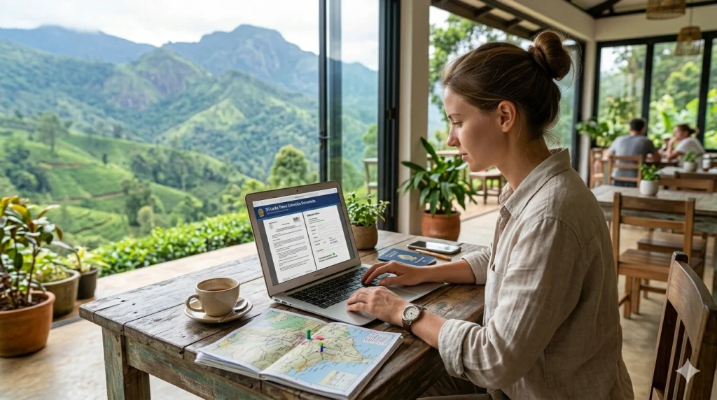 A professional lifestyle photograph capturing a tourist sitting at a rustic cafe table overlooking the misty mountains of Nuwara Eliya, reviewing documents and a laptop, with a Sri Lankan passport visible next to a coffee mug.