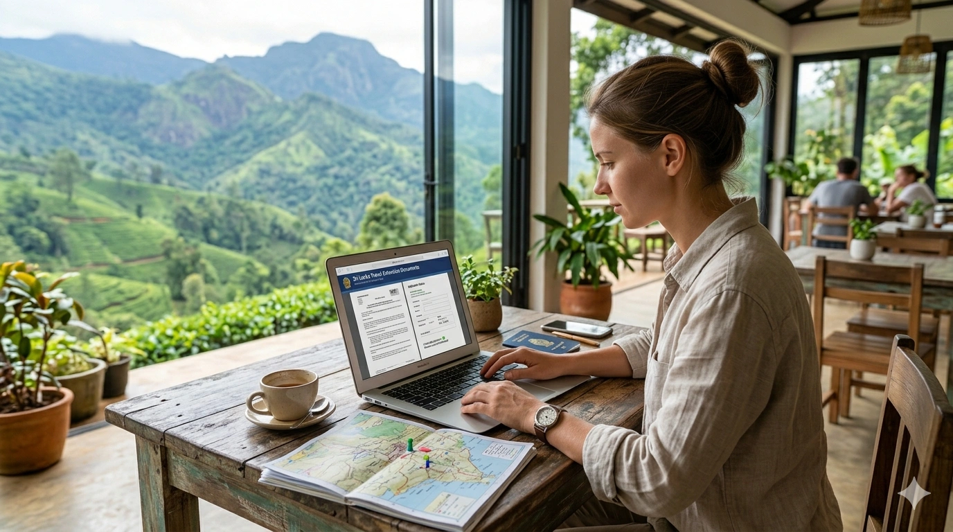 A professional lifestyle photograph capturing a tourist sitting at a rustic cafe table overlooking the misty mountains of Nuwara Eliya, reviewing documents and a laptop, with a Sri Lankan passport visible next to a coffee mug
