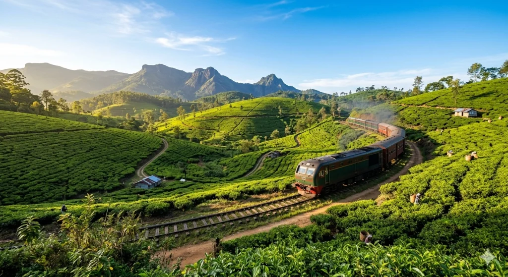 A stunning, realistic morning landscape of lush green tea plantations in Ella, Sri Lanka, with a scenic train track curving through the hills under a clear blue sky during the dry mountain season.