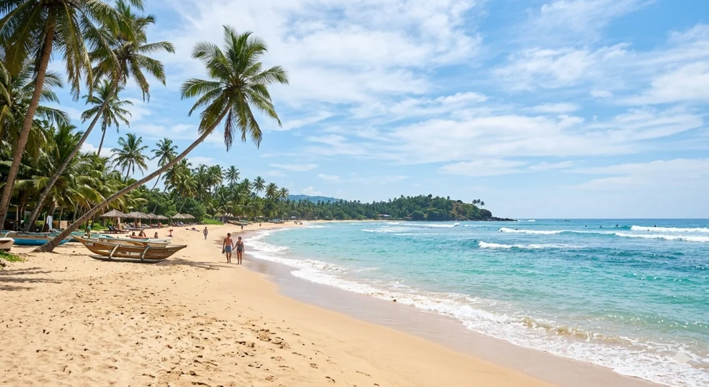 A high-quality, realistic photograph of a beautiful, sun-drenched golden sand beach in Mirissa, Sri Lanka, with leaning palm trees, clear turquoise ocean waters, and a bright blue sky representing the best time to visit Sri Lanka.