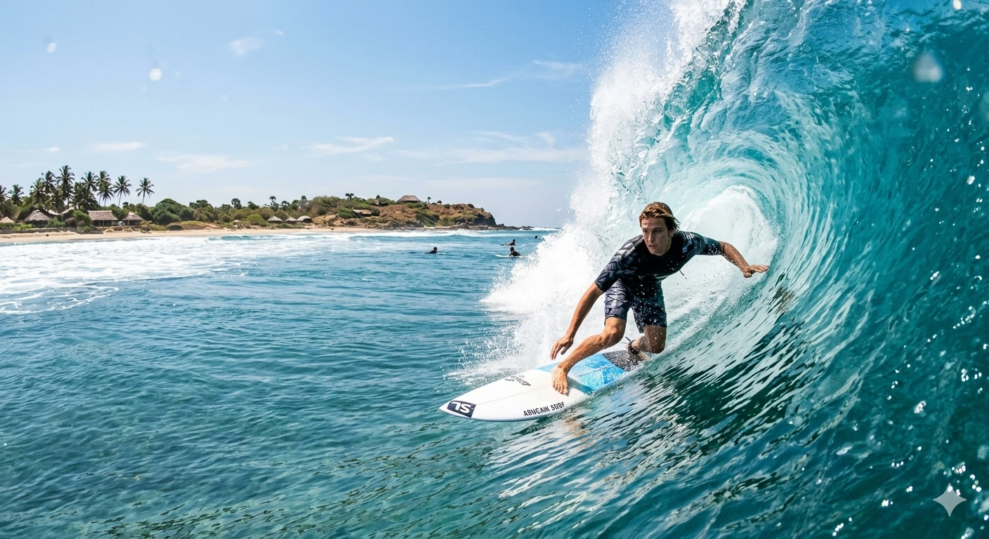 A realistic action photograph of a surfer riding a clear, blue ocean wave at Arugam Bay on the sunny east coast, capturing the best time to visit Sri Lanka during the summer months.