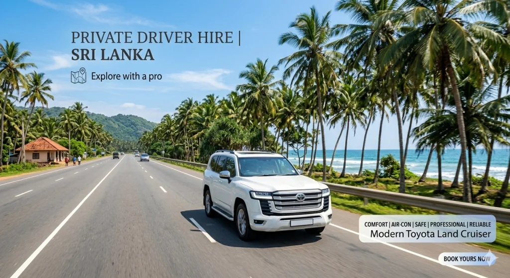 A professional photograph of a modern, air-conditioned Toyota Land Cruiser SUV driving along a scenic, palm-fringed coastal highway in Sri Lanka on a bright sunny day, perfect for hiring a private driver.