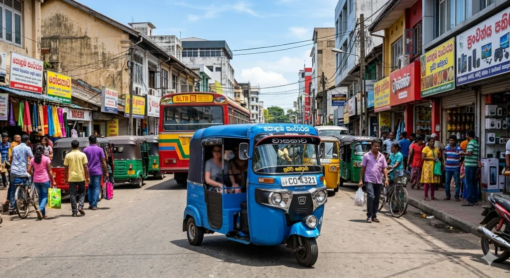 A realistic photograph of a bright blue passenger tuk-tuk with open sides and Sinhalese letters on the front, navigating a busy, colorful urban street scene in Colombo, Sri Lanka, during the daytime with pedestrians and traffic in the background.