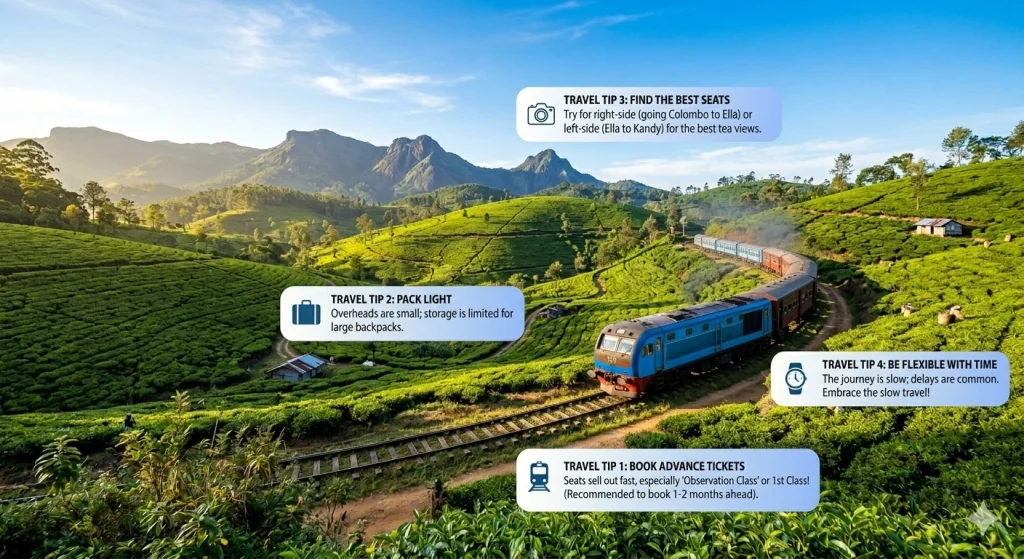 A high-quality, realistic photograph of the iconic blue train traveling through the lush green tea plantations of Ella, Sri Lanka, underneath a clear blue sky, illustrating essential transport tips for travelers.