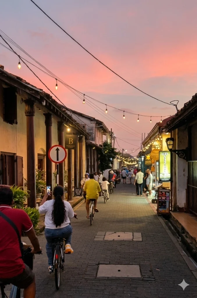 Exploring Galle Fort Sri Lanka by bicycle at sunset, a unique experience featured in this Galle Fort Travel Guide