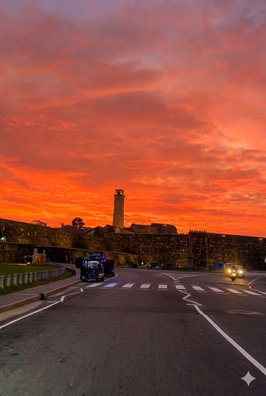 Galle Fort Sri Lanka at sunset with historic ramparts overlooking the Indian Ocean – Galle Fort Travel Guide 2026