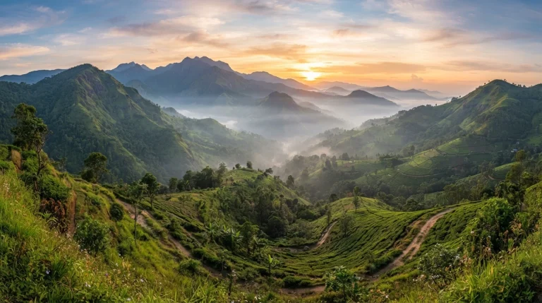 Riverston Sri Lanka panoramic mountain landscape with mist-covered hills