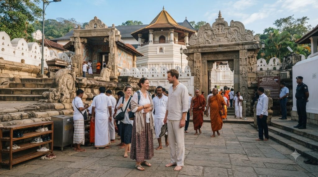 Visitors wearing respectful clothing at the Temple of the Sacred Tooth Relic